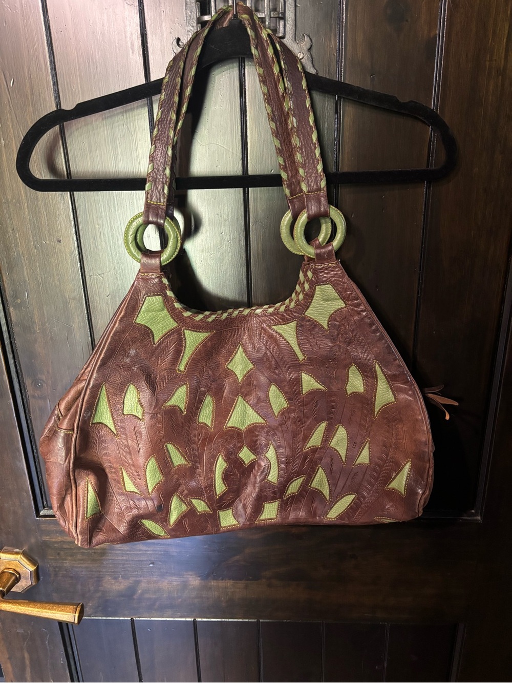 Green and brown leather slouch purse bag western boho